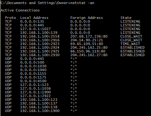 Output for sample netstat command