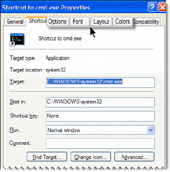 Properties sheet for command prompt shortcut